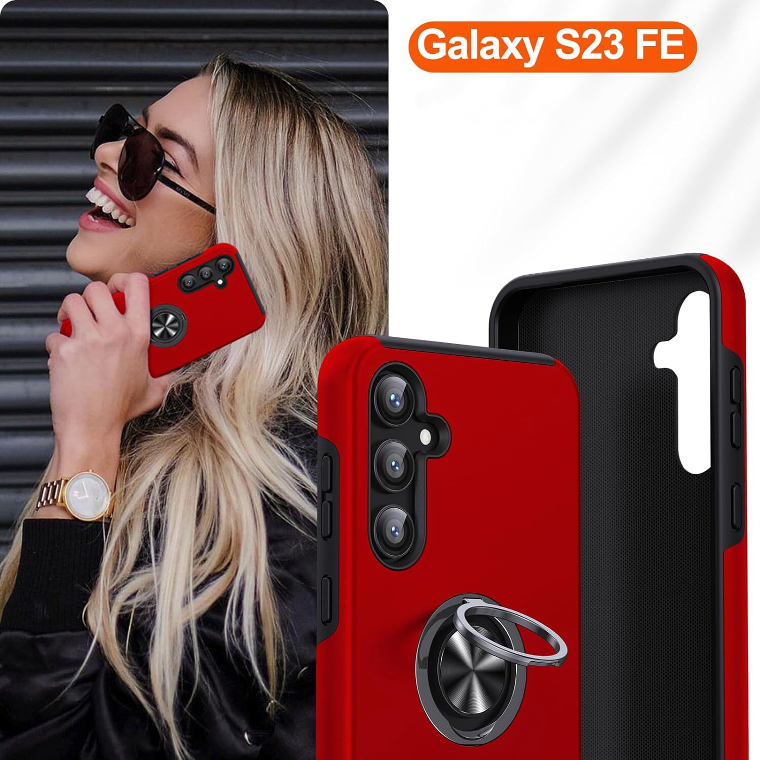 Husa pentru Samsung Galaxy S23 FE, inel rotativ si Kickstand 360°, Protectie Militara Antisoc, cu disipare termica, Rosu
