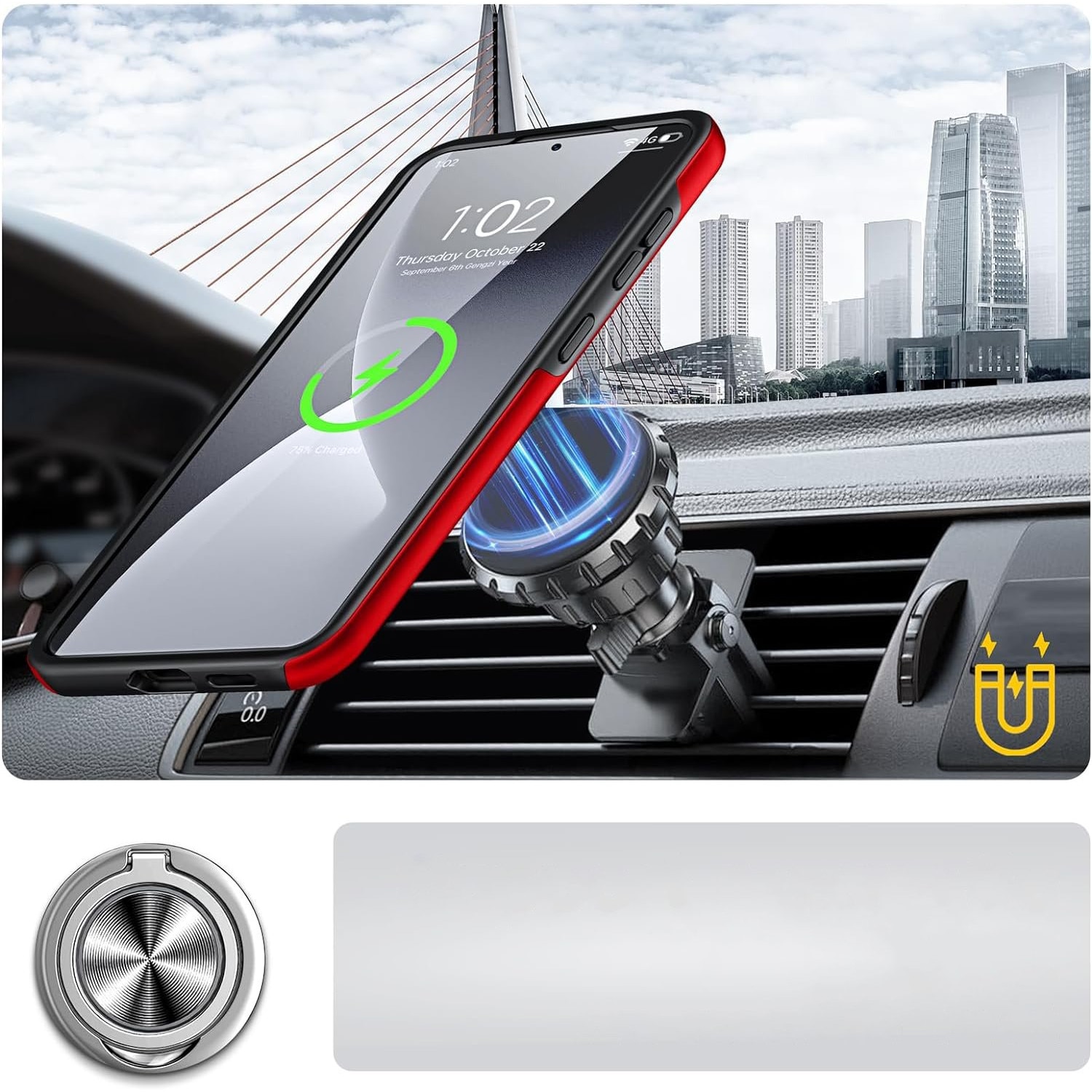 Husa pentru Samsung Galaxy S23 FE, inel rotativ si Kickstand 360°, Protectie Militara Antisoc, cu disipare termica, Rosu
