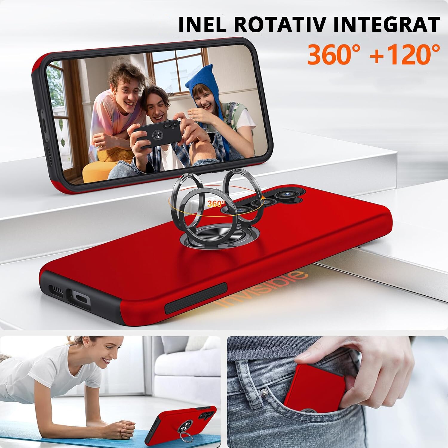 Husa pentru Samsung Galaxy S23 FE, inel rotativ si Kickstand 360°, Protectie Militara Antisoc, cu disipare termica, Rosu