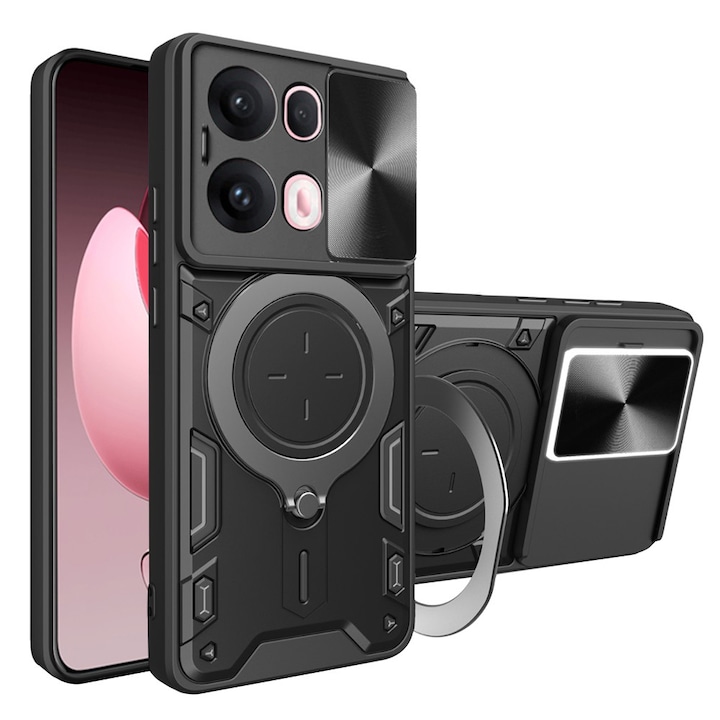 Husa pentru Oppo Reno 13 Pro cu protectie pentru camera si suport magnetic integrat Ring Shockproof Negru