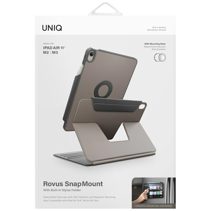 Etui de protectie UNIQ Rovus Snapmount cu functie de suport, rotire 360°, gri, pentru iPad Air 11" (M2/M3) / iPad Air 10.9" (2022/2020)
