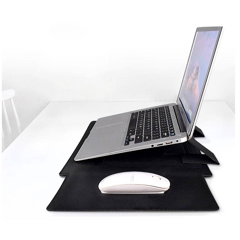 Husa universala pentru MacBook din piele, cu suport si zona mousepad, Negru