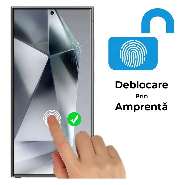 Folie sticla securizata pentru Samsung S24 Ultra, Deblocare Prin Amprenta, Kribo Premium Fit, Transparenta HD, Protectie Ecran Premium, Full Cover, Full Glue