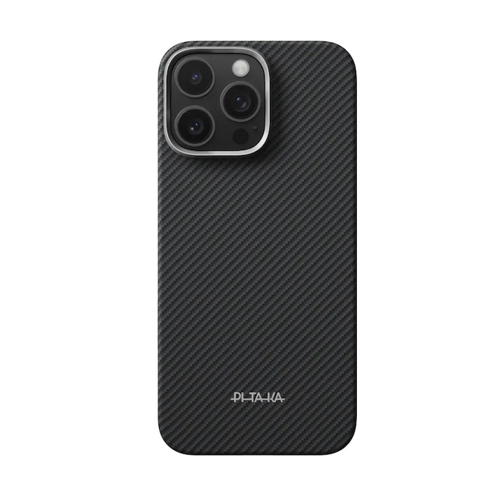 Husă PITAKA ultra-subtire pentru iPhone 16 Pro, neagră/gri, material aramidă, rezistentă la zgârieturi