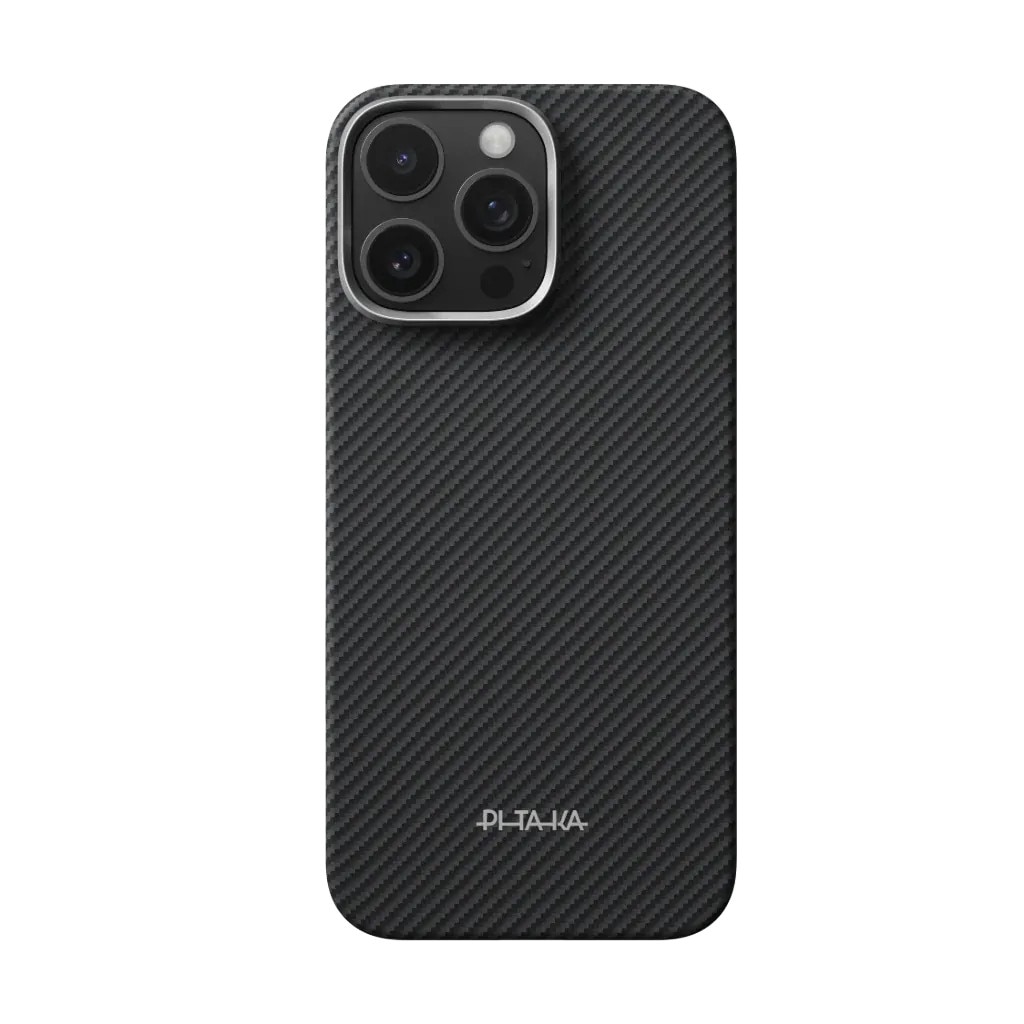 Husă PITAKA ultra-subtire pentru iPhone 16 Pro, neagră/gri, material aramidă, rezistentă la zgârieturi