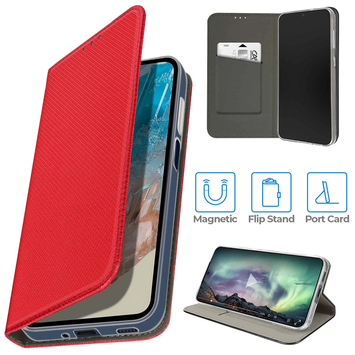 Husa Flip pentru Honor Magic 7 Lite, tip carte cu inchidere magnetica, compartiment pentru carduri, functie Stand, Rosie