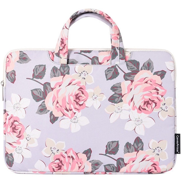 Geanta laptop 13", XGSM, gri cu imprimeu roz, dimensiuni 35x25x2.4cm, design practic