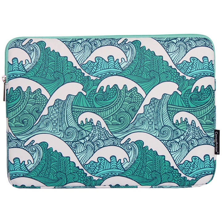 Etui laptop 13", XGSM, verde cu motiv de valuri, material rezistent, design slim