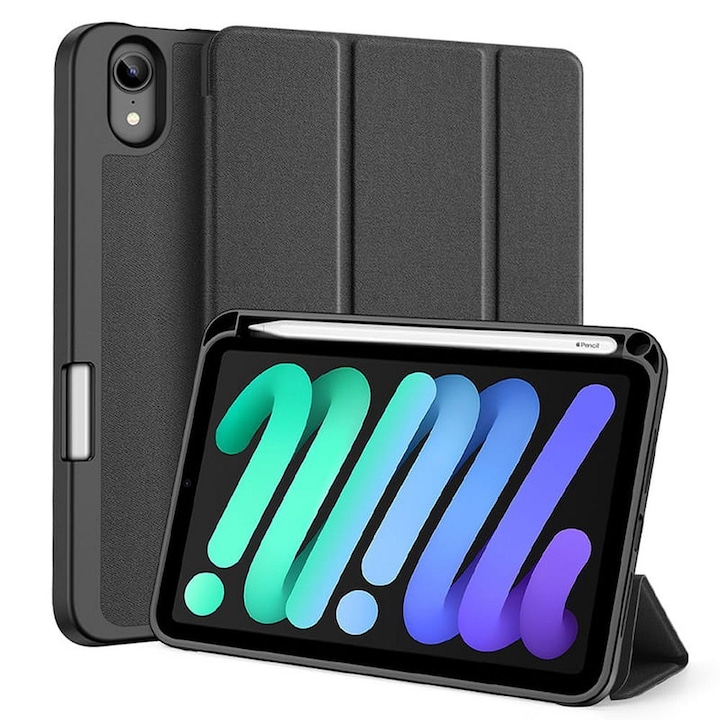 Husă tabletă compatibilă cu iPad mini 7 2024 - DUX DUCIS DOMO, husă neagră rezistentă la șocuri, cu suport pentru creion