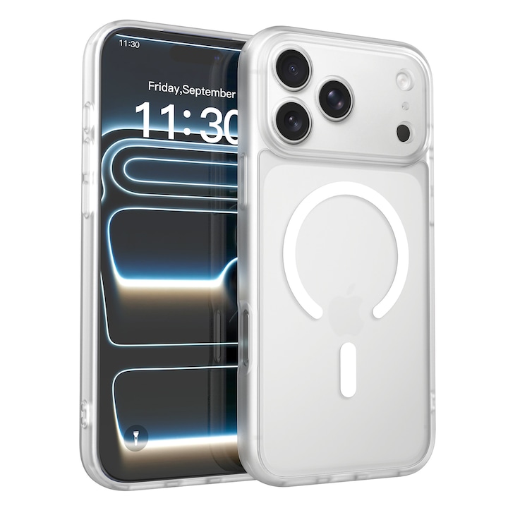 Husa de protectie pentru iPhone 17 Pro Max, Omelivon, MagSafe, Protectie completa, Anti-Soc, Decupaje Precise, Incarcare Wireless, Alb Transparent
