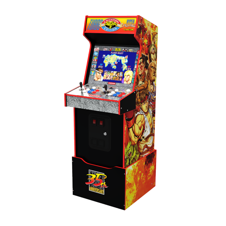 Consola verticala retro 14 jocuri ARCADE1UP, Capcom Legacy Yoga Flame Edition, H 154 cm, Wi-Fi LIVE Play, 2 jucatori, iluminare Marquee, display 17 inch, difuzor extern, accesoriu inaltare consola, multicolor