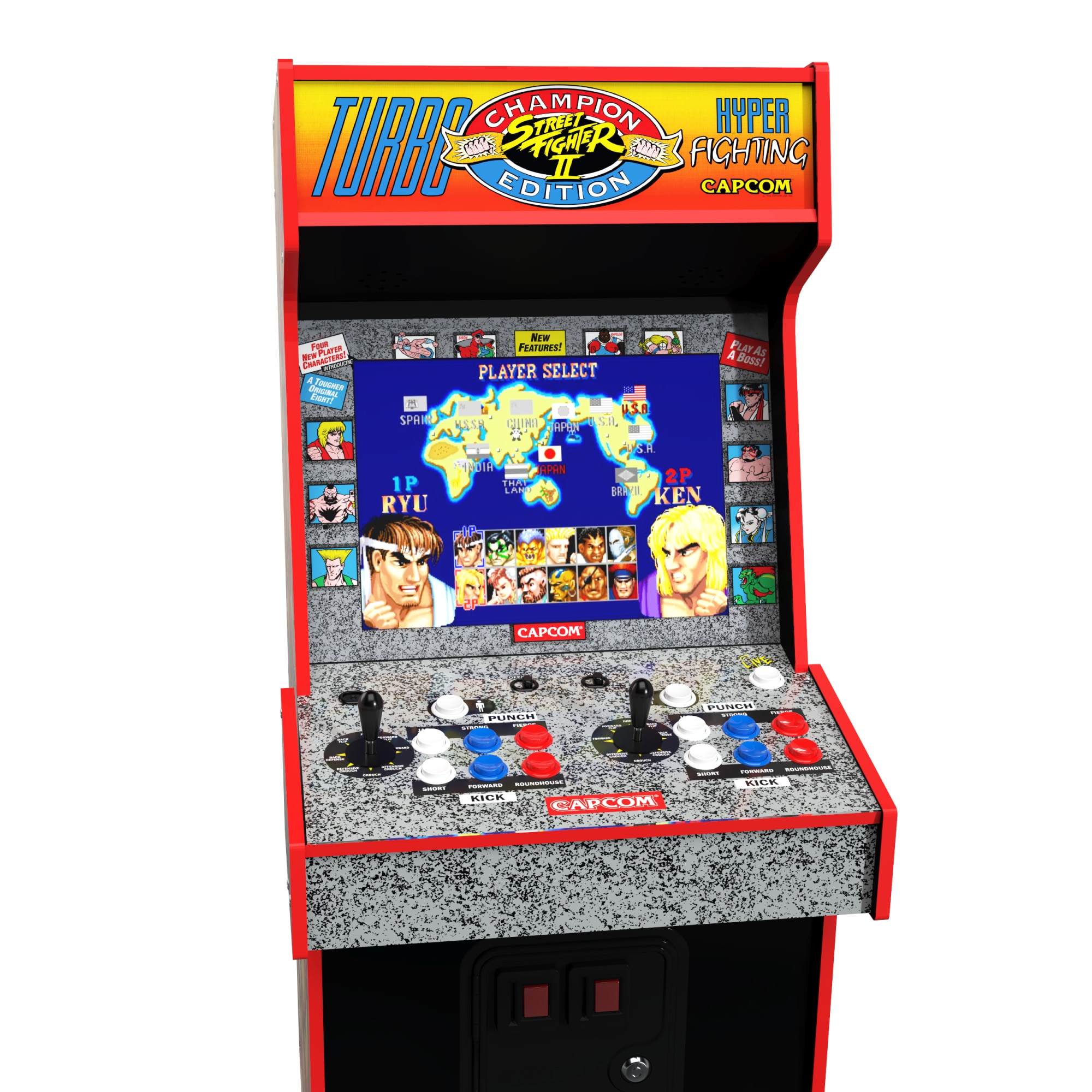 Consola verticala retro 14 jocuri ARCADE1UP, Capcom Legacy Yoga Flame Edition, H 154 cm, Wi-Fi LIVE Play, 2 jucatori, iluminare Marquee, display 17 inch, difuzor extern, accesoriu inaltare consola, multicolor