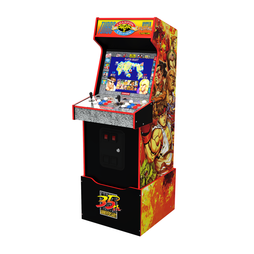 Consola verticala retro 14 jocuri ARCADE1UP, Capcom Legacy Yoga Flame Edition, H 154 cm, Wi-Fi LIVE Play, 2 jucatori, iluminare Marquee, display 17 inch, difuzor extern, accesoriu inaltare consola, multicolor
