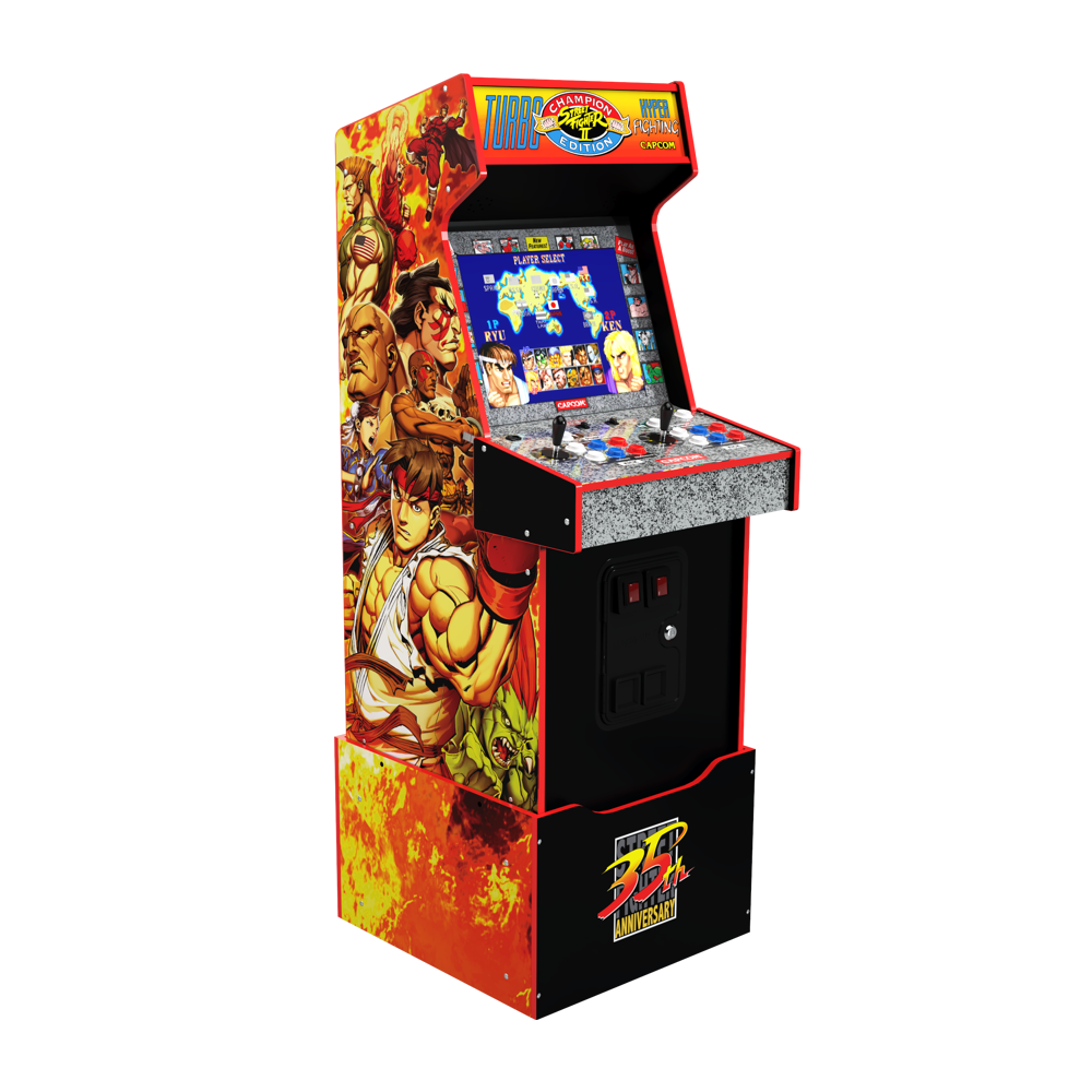 Consola verticala retro 14 jocuri ARCADE1UP, Capcom Legacy Yoga Flame Edition, H 154 cm, Wi-Fi LIVE Play, 2 jucatori, iluminare Marquee, display 17 inch, difuzor extern, accesoriu inaltare consola, multicolor