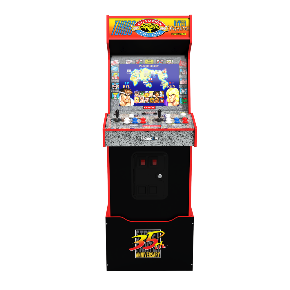 Consola verticala retro 14 jocuri ARCADE1UP, Capcom Legacy Yoga Flame Edition, H 154 cm, Wi-Fi LIVE Play, 2 jucatori, iluminare Marquee, display 17 inch, difuzor extern, accesoriu inaltare consola, multicolor