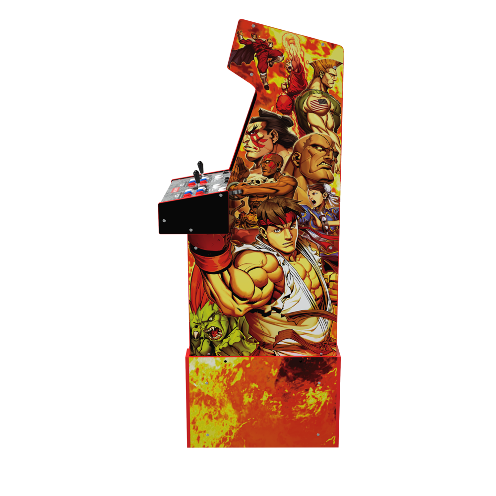 Consola verticala retro 14 jocuri ARCADE1UP, Capcom Legacy Yoga Flame Edition, H 154 cm, Wi-Fi LIVE Play, 2 jucatori, iluminare Marquee, display 17 inch, difuzor extern, accesoriu inaltare consola, multicolor