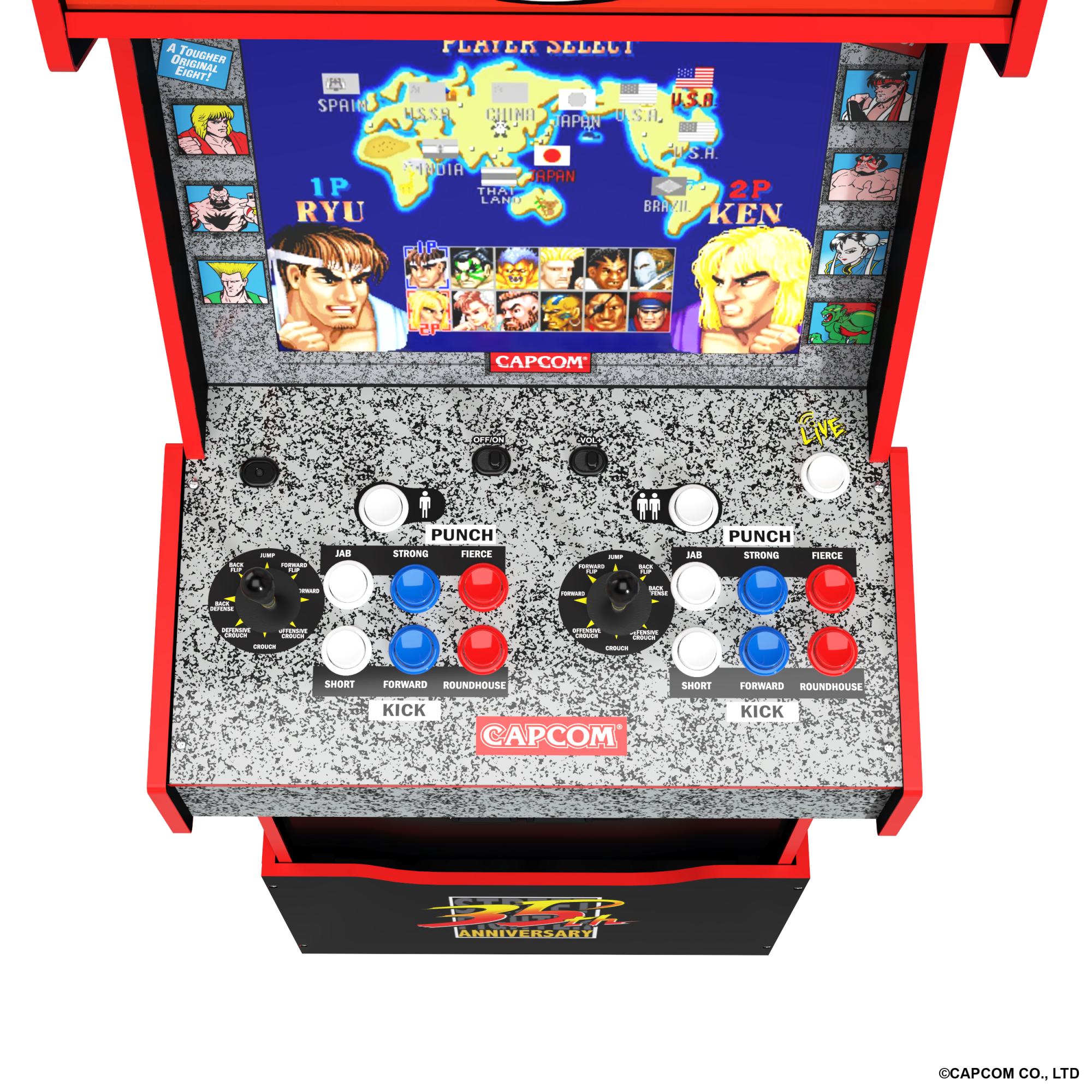 Consola verticala retro 14 jocuri ARCADE1UP, Capcom Legacy Yoga Flame Edition, H 154 cm, Wi-Fi LIVE Play, 2 jucatori, iluminare Marquee, display 17 inch, difuzor extern, accesoriu inaltare consola, multicolor