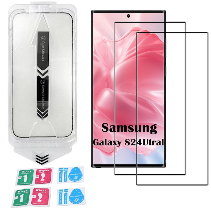 Set 2 folii sticla pentru Samsung Galaxy S24 ultra, Hggzeg, Folie sticla protectie telefon, Folie de inalta definitie, Cu dispozitiv de montare automata in 30 de secunde, 9H+, Tratament electronic oleofobic si anti amprente, Transparent