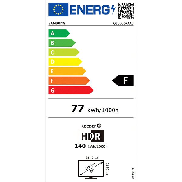 Televizor QLED Smart SAMSUNG 55Q67A, Ultra HD 4K, HDR, 138 cm, Clasa F, Negru