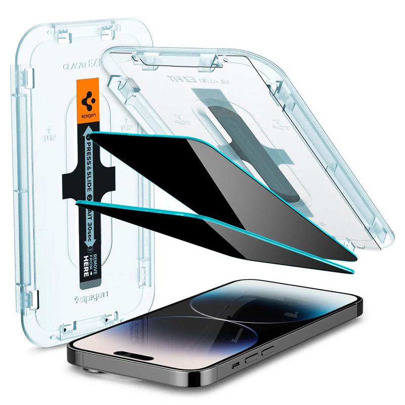 Set 2 folii sticla cu sistem de montare Case friendly Spigen GLAStR EZ FIT compatibil cu iPhone 14 Pro Privacy