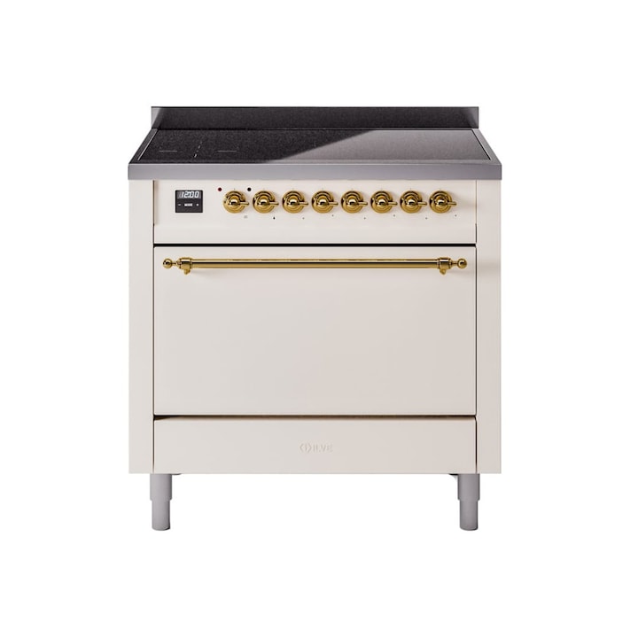 Aragaz pe inductie premium ILVE, Nostalgie, 90 cm, clasa A+, 6 zone de gatire, functie Bridge, cuptor electric 97 litri, design vintage, timer, usa cuptor cu 3 straturi de sticla, gatire ECO, dezghetare, 15 functii de gatire multiple, crem/auriu