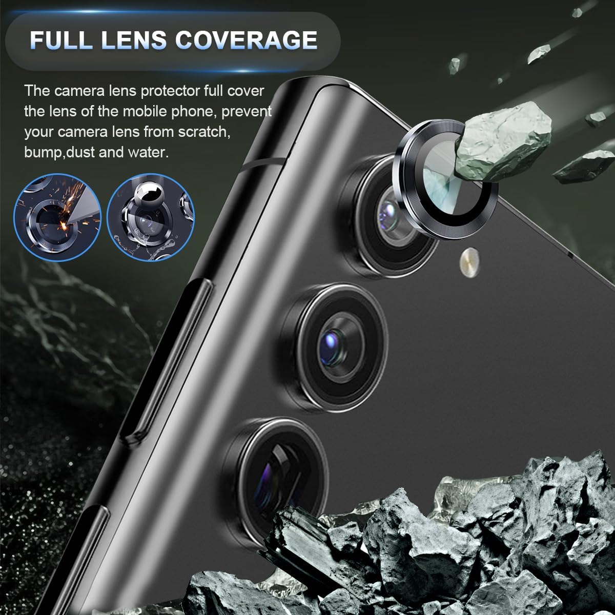 Set 3 folii protectie camera telefon MDUG, aluminiu, sticla 9H, negru, pentru Samsung Galaxy S24