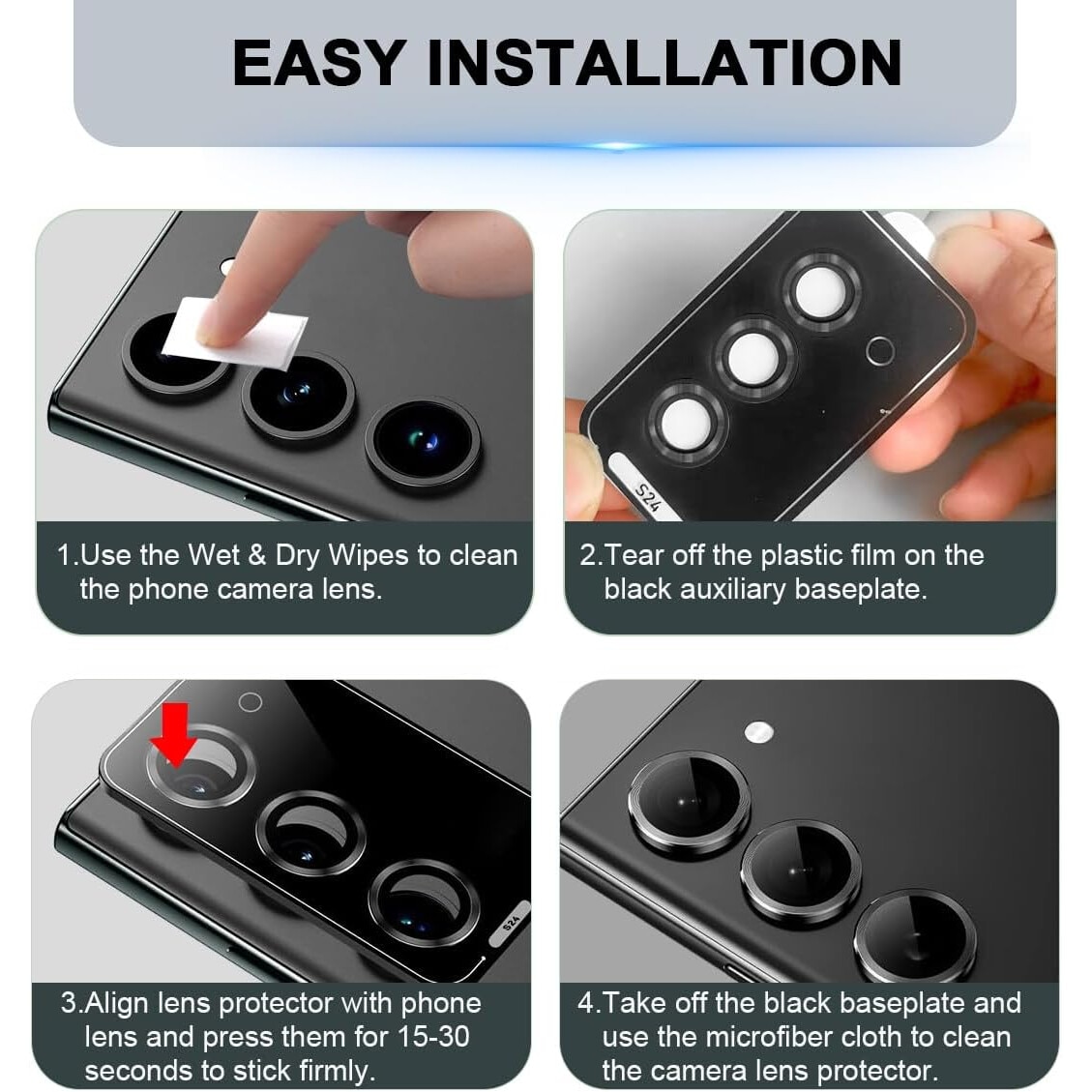 Set 3 folii protectie camera telefon MDUG, aluminiu, sticla 9H, negru, pentru Samsung Galaxy S24
