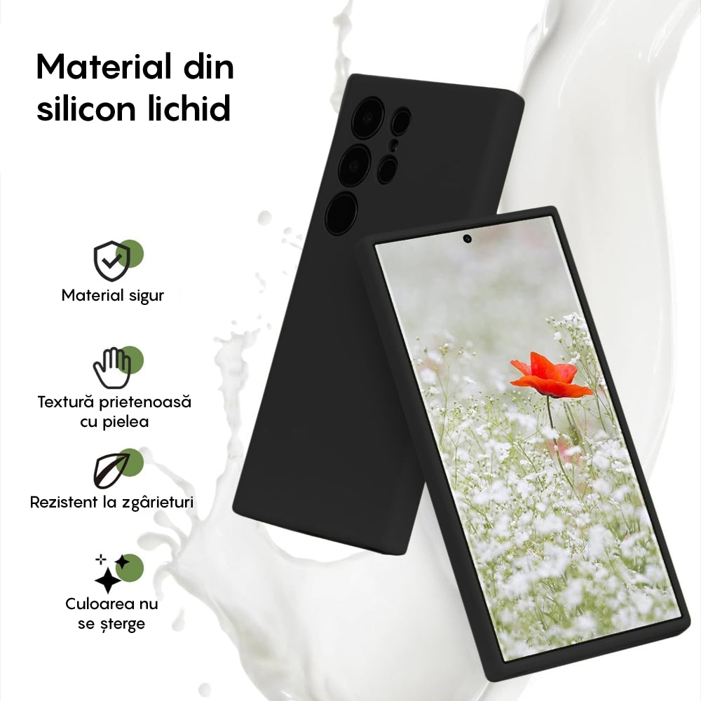 Husa CASEY STUDIOS™ compatibila cu Samsung Galaxy S23 Ultra, Soft Silicone Premium, Microfibra in Interior, pentru Incarcare Wireless, Margini Ridicate pentru Protectia Ecranului si a Camerelor, Ultra Slim, Negru