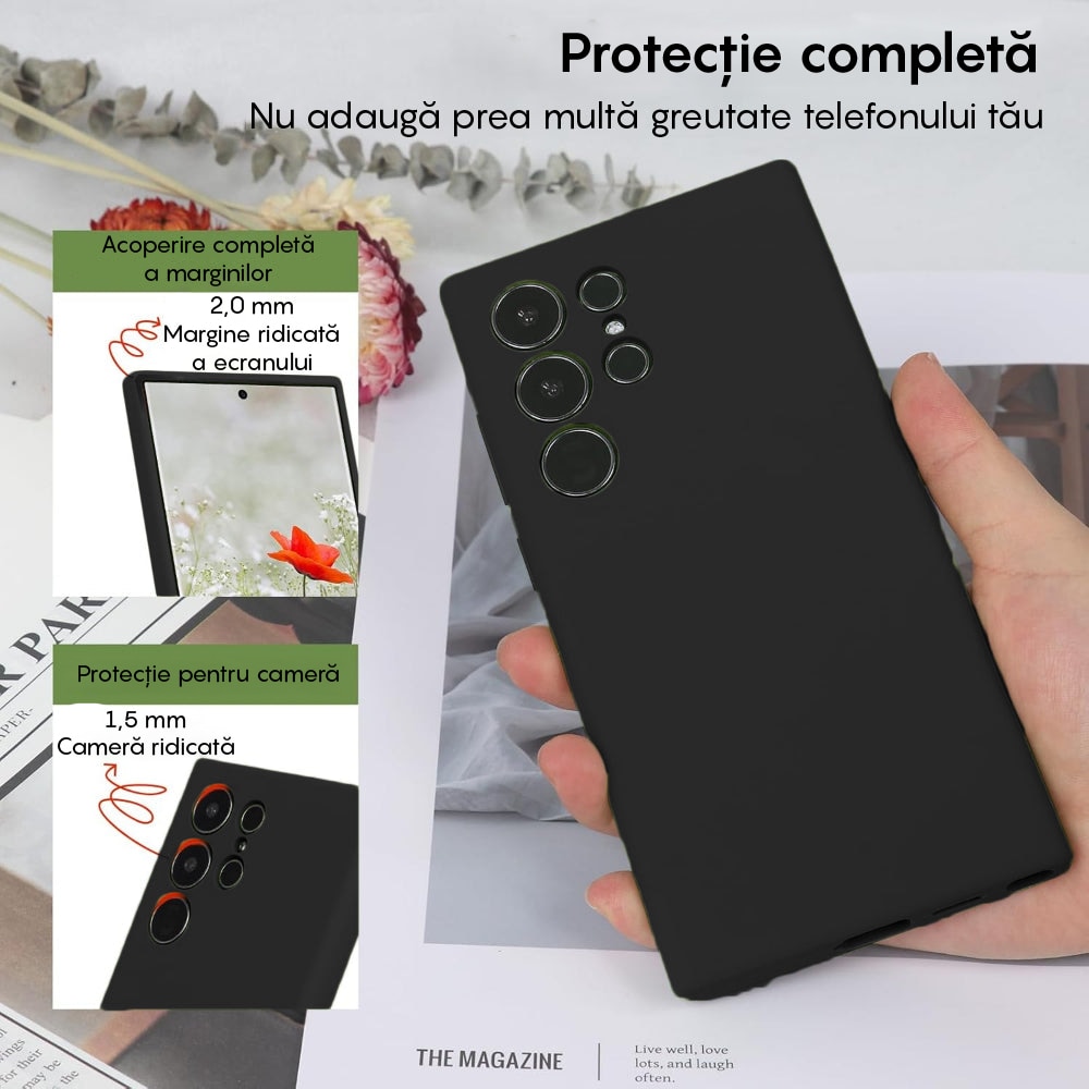 Husa CASEY STUDIOS™ compatibila cu Samsung Galaxy S23 Ultra, Soft Silicone Premium, Microfibra in Interior, pentru Incarcare Wireless, Margini Ridicate pentru Protectia Ecranului si a Camerelor, Ultra Slim, Negru