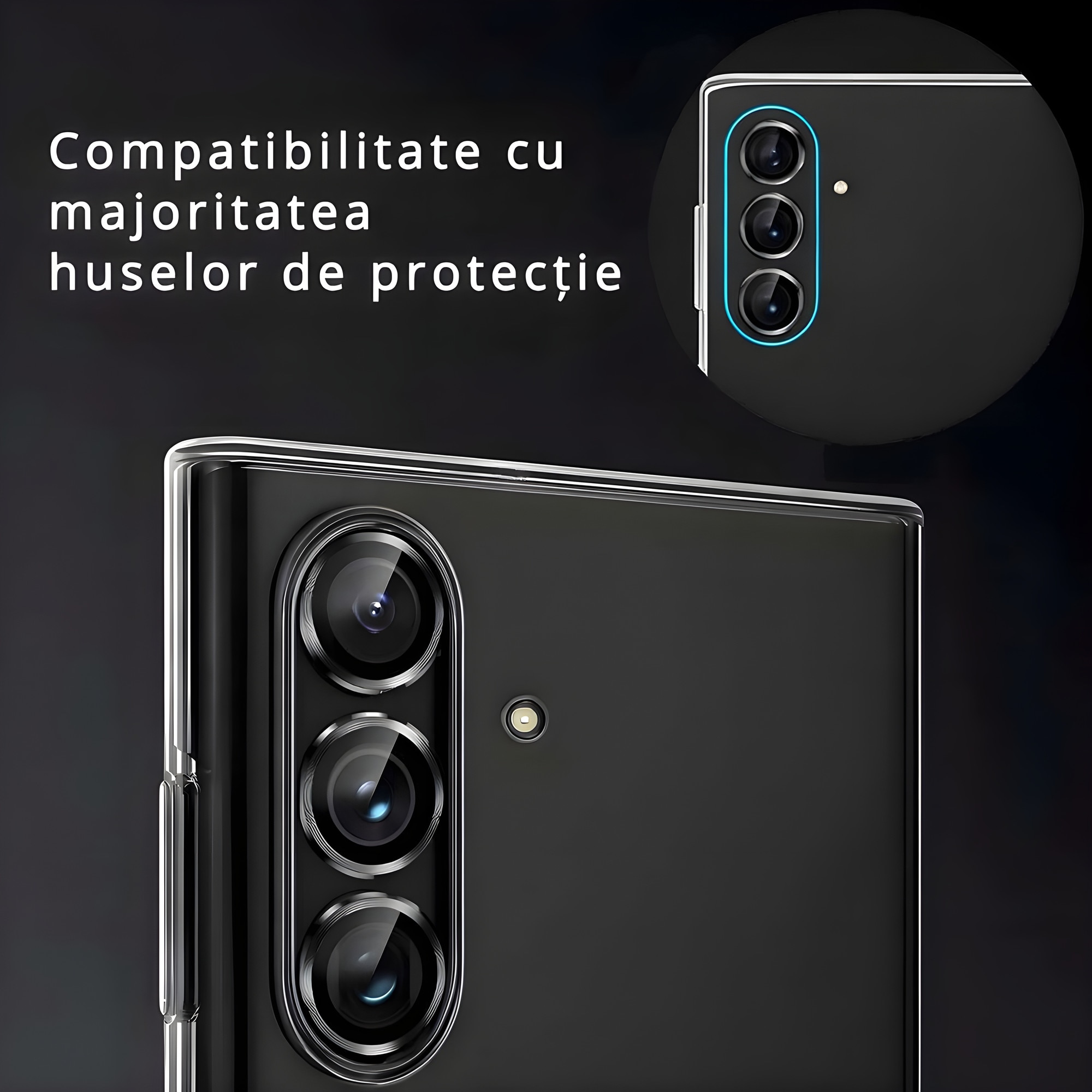 Folie Protectie Camera pentru Samsung Galaxy S23 Plus, Sticla Securizata, Duritate 9H, Kit Instalare, Ultra Slim, 3 bucati, Aluminiu, Negru