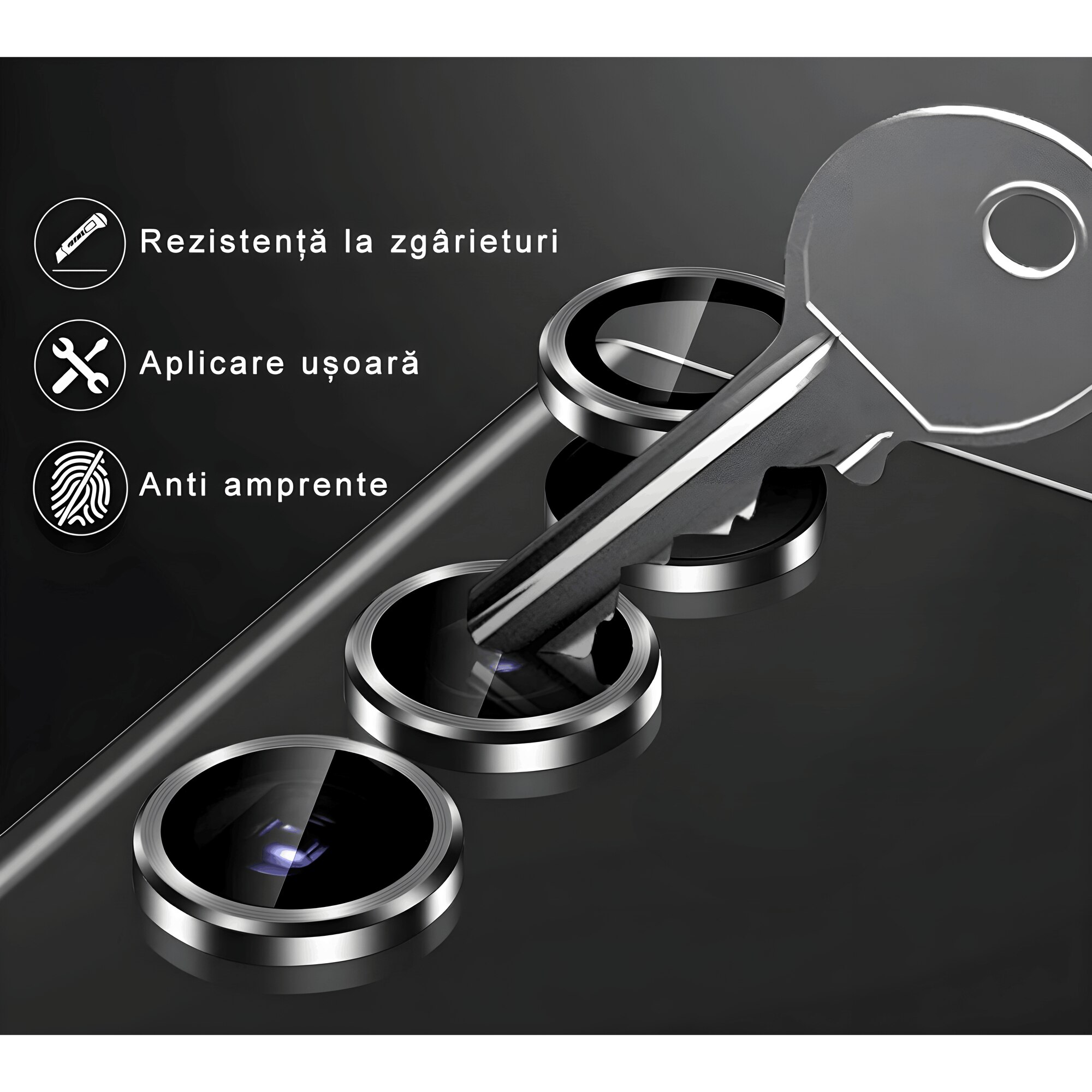 Folie Protectie Camera pentru Samsung Galaxy S23 Plus, Sticla Securizata, Duritate 9H, Kit Instalare, Ultra Slim, 3 bucati, Aluminiu, Negru