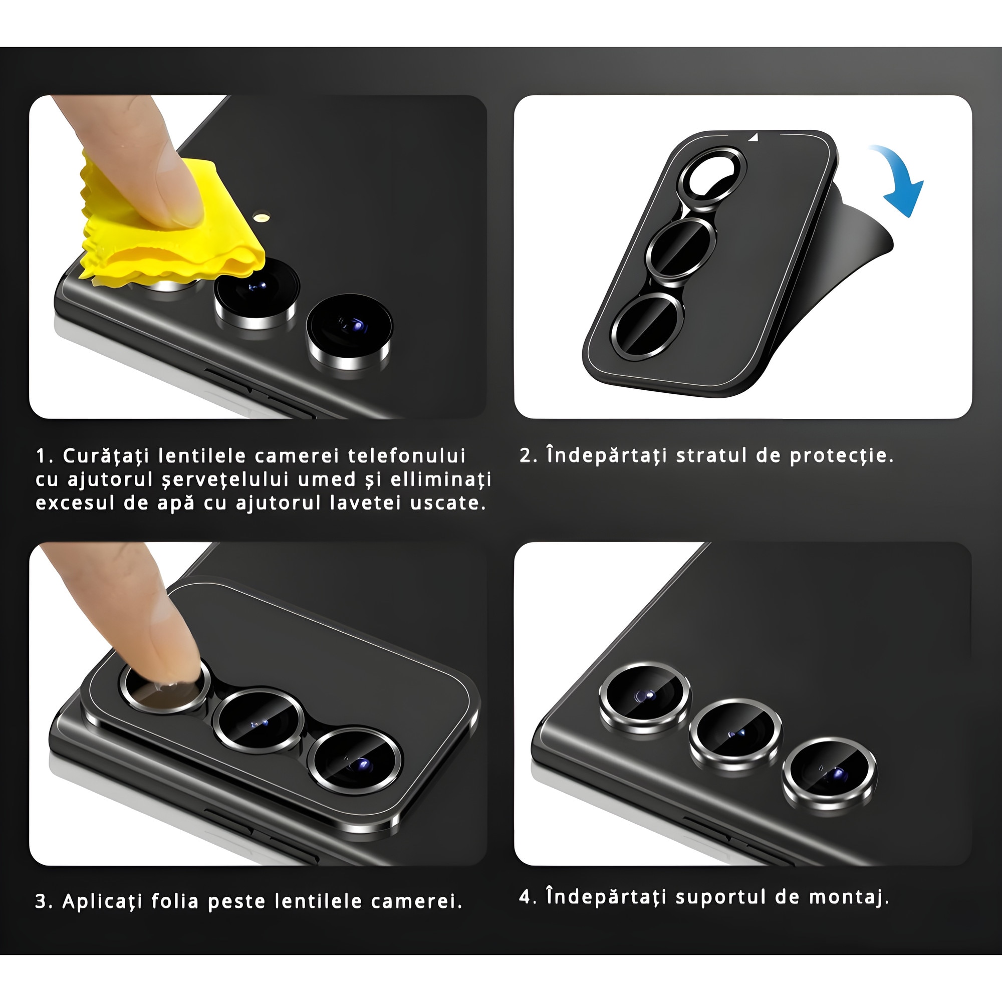 Folie Protectie Camera pentru Samsung Galaxy S23 Plus, Sticla Securizata, Duritate 9H, Kit Instalare, Ultra Slim, 3 bucati, Aluminiu, Negru