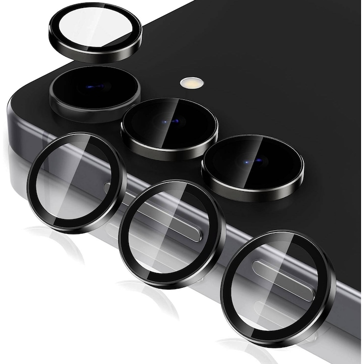 Folie Protectie Camera pentru Samsung Galaxy S23 Plus, Sticla Securizata, Duritate 9H, Kit Instalare, Ultra Slim, 3 bucati, Aluminiu, Negru