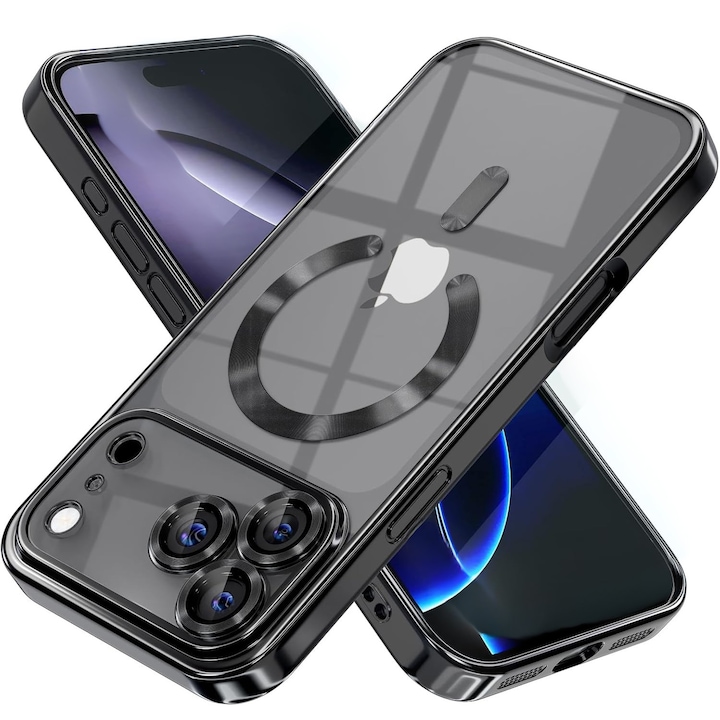 Husa pentru iPhone 17 Pro DaDen MagSafe Luxury, Antisoc, Protectie Camera, Margini Metalizate, Transparenta cu Margini Negre