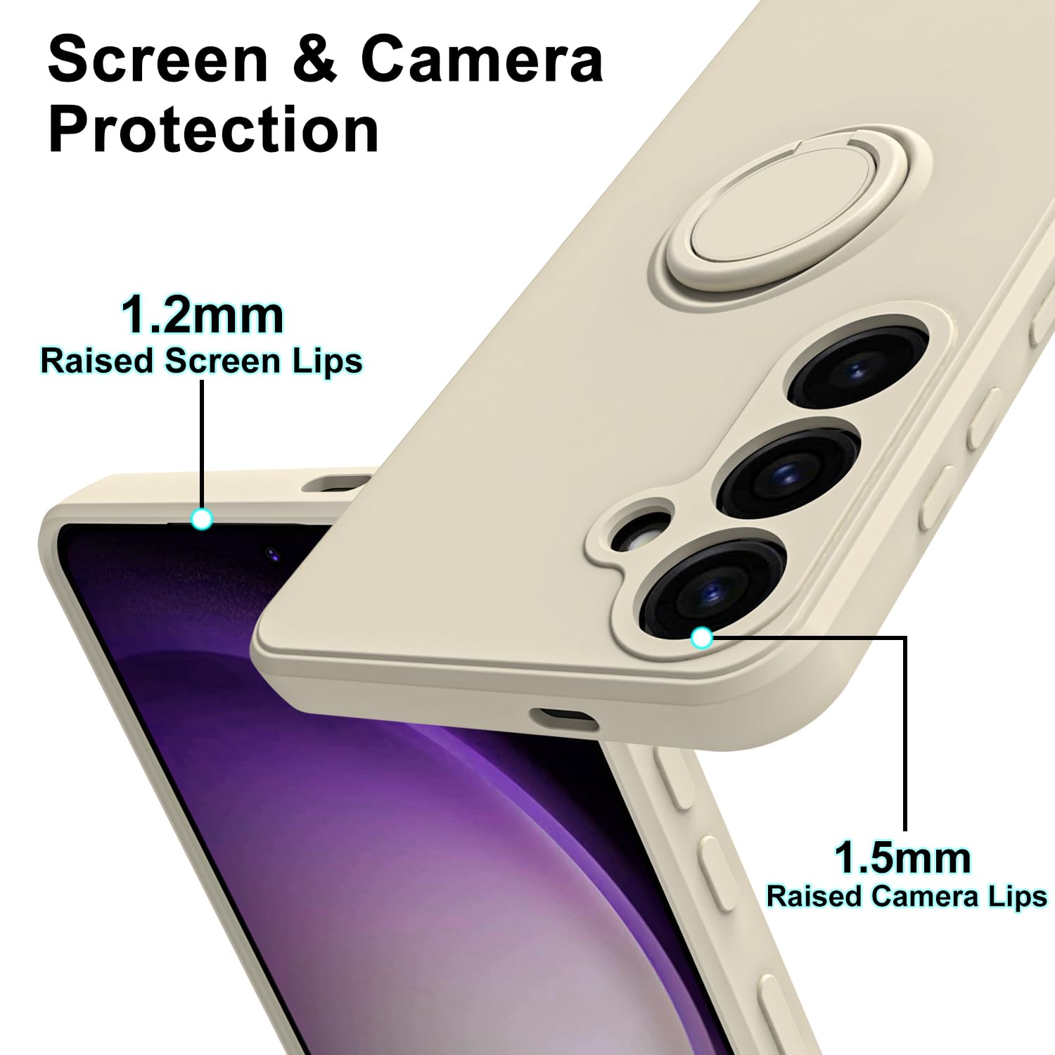 Husa telefon, pentru Samsung Galaxy A55 5G Silicon lichid Margini flexibile Anti-zgarieturi si inel circular rezistent la socuri， Alb crem