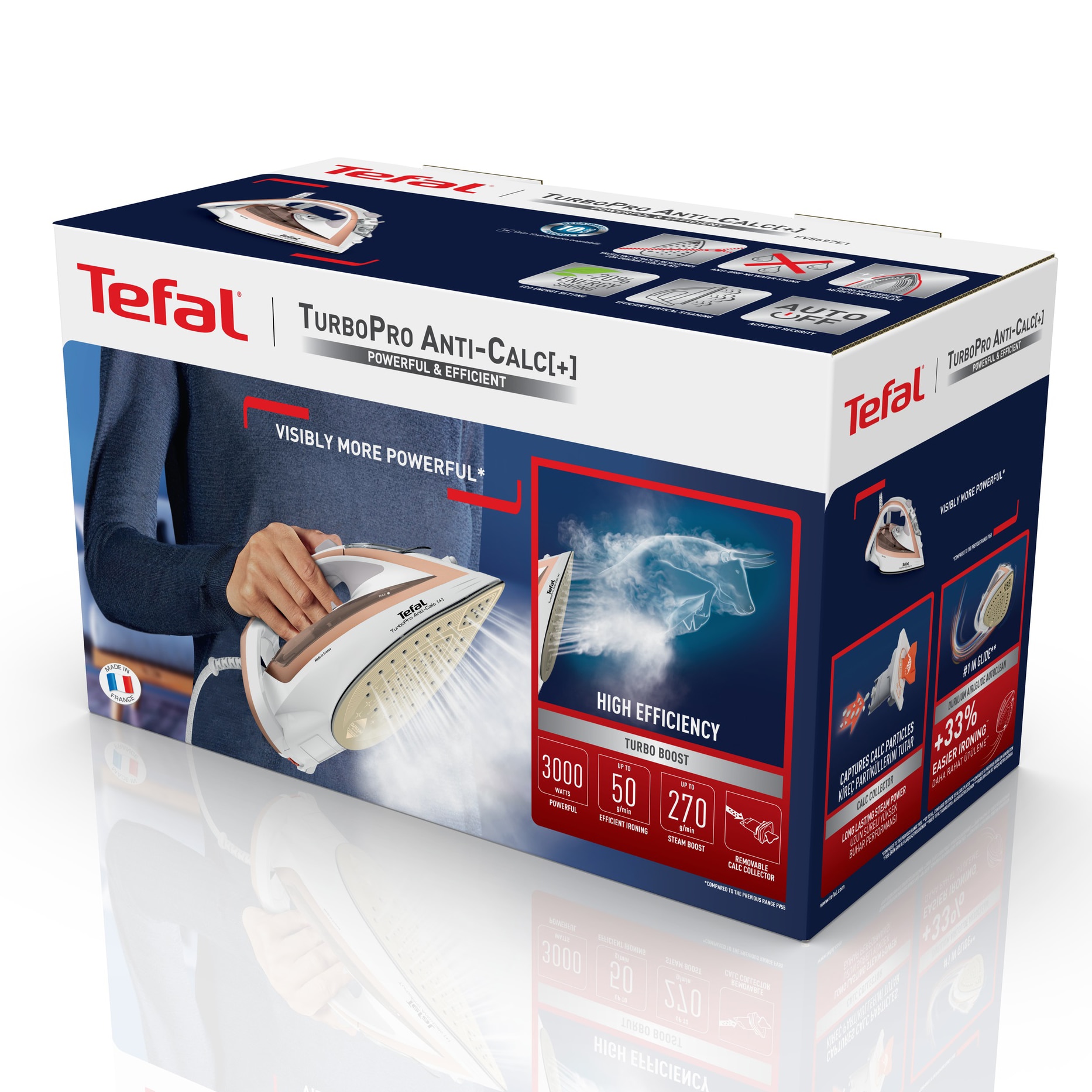 RESIGILAT: Fier de calcat Tefal Turbo Anti-Calc FV5697E1, 3000W, jet abur 270 g/min, abur variabil 0-50 g/min, colector anticalcar, oprire automata, alb/roz