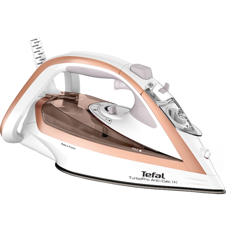 RESIGILAT: Fier de calcat Tefal Turbo Anti-Calc FV5697E1, 3000W, jet abur 270 g/min, abur variabil 0-50 g/min, colector anticalcar, oprire automata, alb/roz
