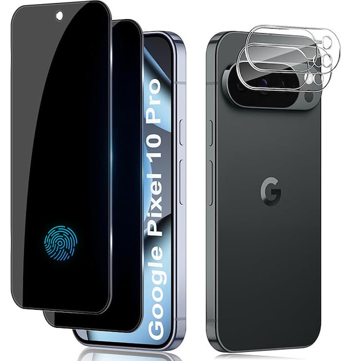 Protector de ecran de confidentialitate pentru Google Pixel 10 Pro cu protector de lentile camerei, film de sticla temperata, suport pentru deblocarea amprentelor digitale, 2 pachete fiecare