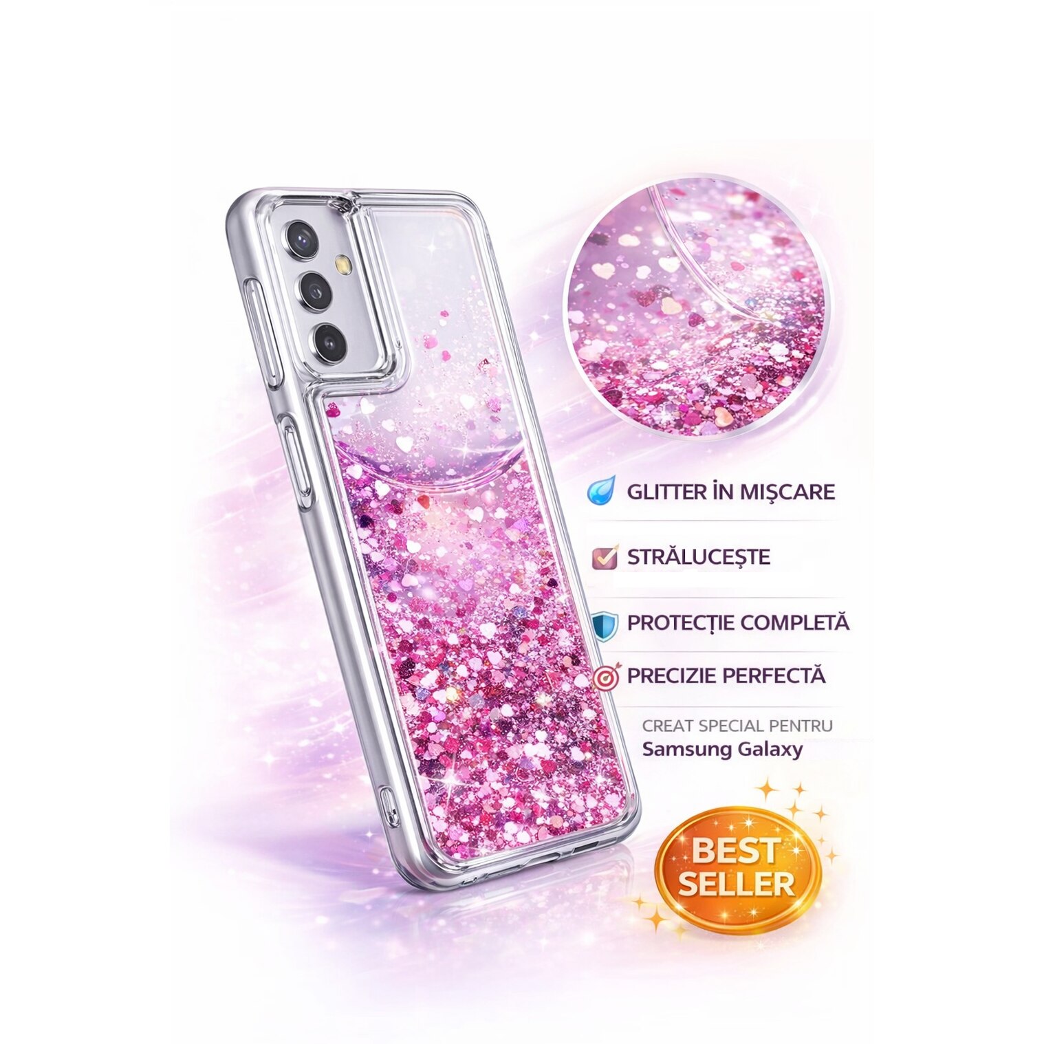 Husa compatibila cu Samsung Galaxy A55, cu Apa si Sclipici, Glitter, Fashion, protectie camera, Roz, PlanetPhone