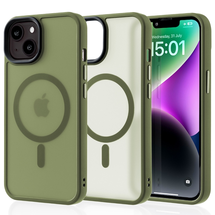 Husa compatibila cu Incarcare Magsafe pentru Apple iPhone 14, CASEY STUDIOS™, de Protectie, Slim, pentru Incarcare Wireless, Margini Ridicate pentru Protectia Ecranului si a Camerelor, Verde