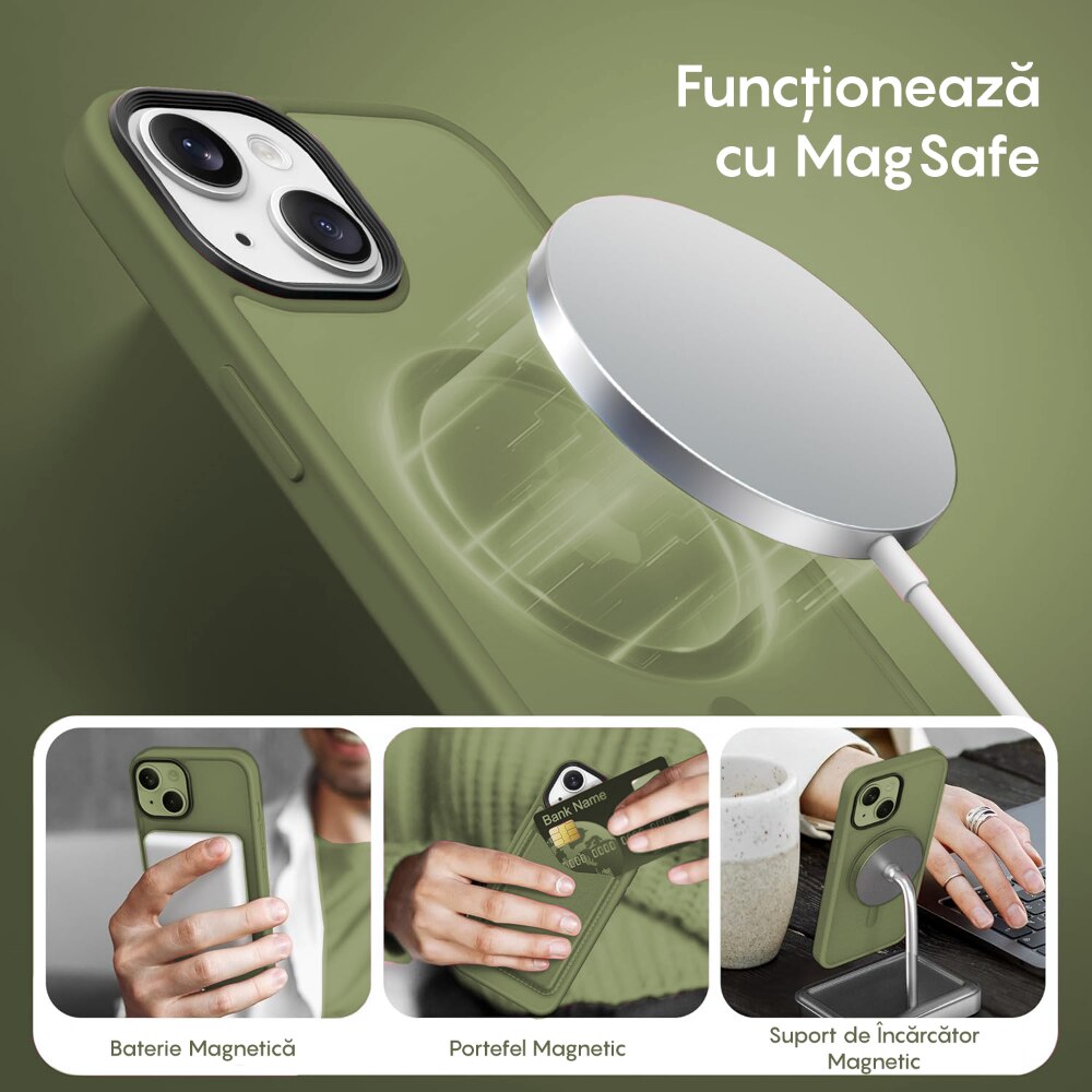 Husa compatibila cu Incarcare Magsafe pentru Apple iPhone 14, CASEY STUDIOS™, de Protectie, Slim, pentru Incarcare Wireless, Margini Ridicate pentru Protectia Ecranului si a Camerelor, Verde