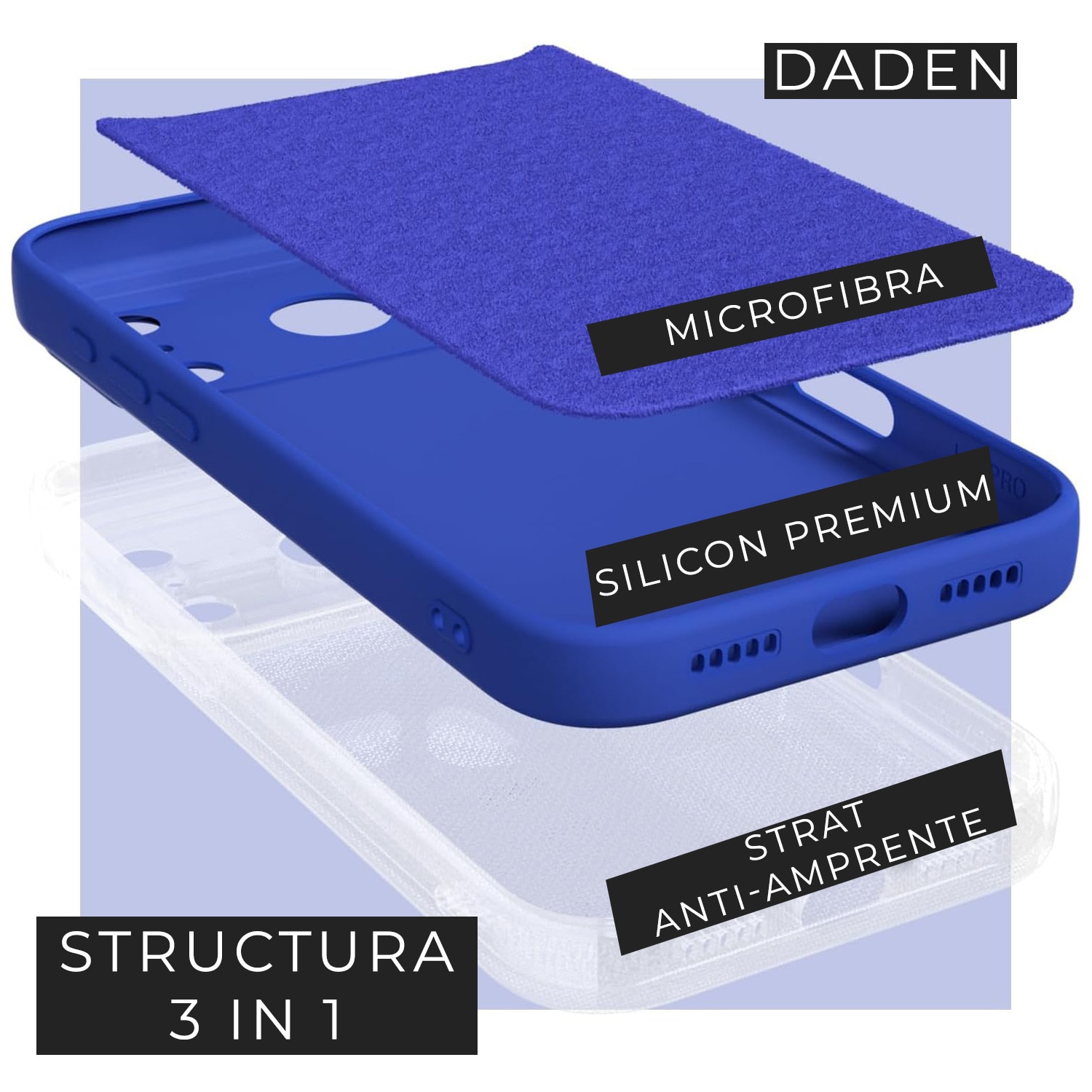 Husa pentru iPhone 17 Pro Max DaDen®, Ultra Slim, Silicon, Calitate Premium, Interior din microfibra, Albastru