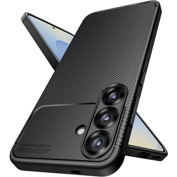 Husa Spate Upzz® Rugged Carbon Compatibila Cu Samsung Galaxy S25, Protectie Sporita, Seznatie Premium, Silicon, Negru
