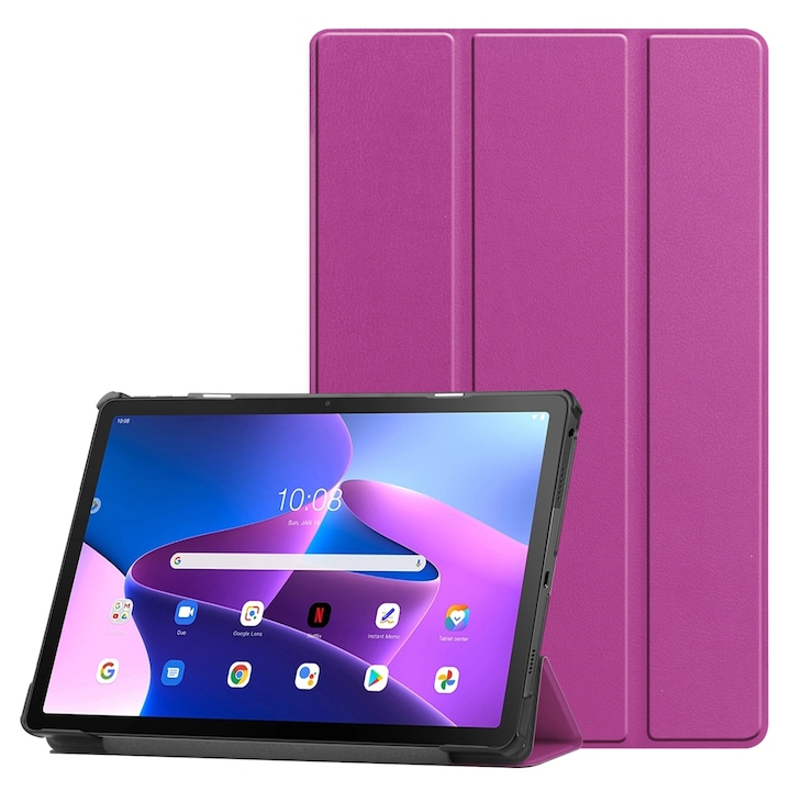 Husa tableta pentru Lenovo Qitian K10 Pro 5G, din piele, tip carte cu 3 plieri, roz inchis