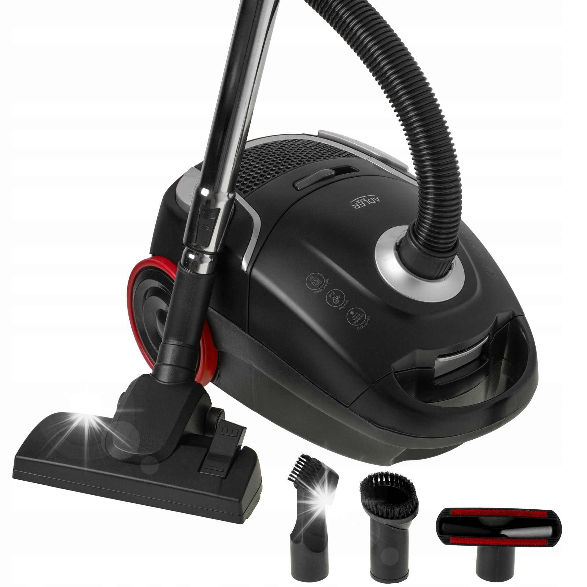 Aspirator cu sac, ADLER, AD 7054, filtrare HEPA, putere de aspiratie 17000 Pa, capacitate 2.6 litri, raza de actiune 9 m, Negru