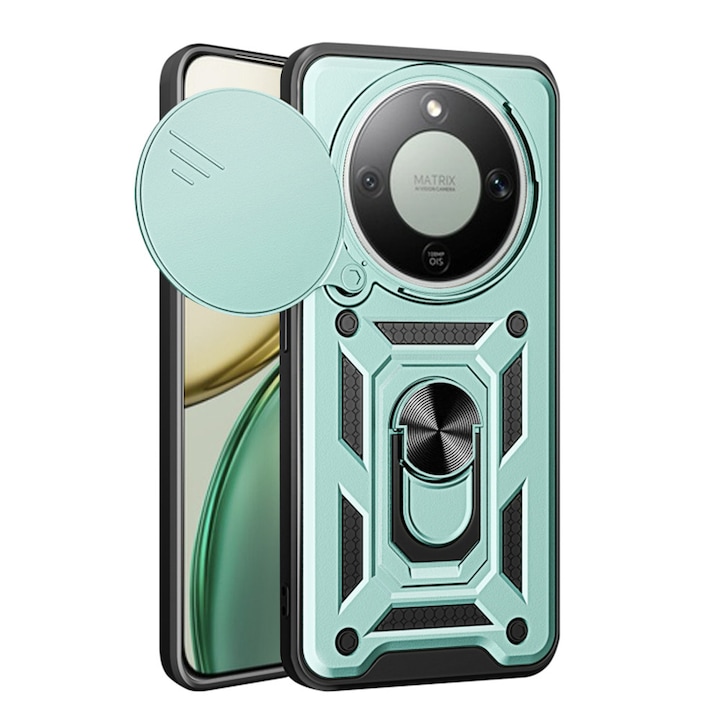 Husa pentru Honor Magic 8 Lite cu inel rotativ 360 Daden, Camshield series, Hybrid Antisoc, Slider pentru protectia camerei, Verde