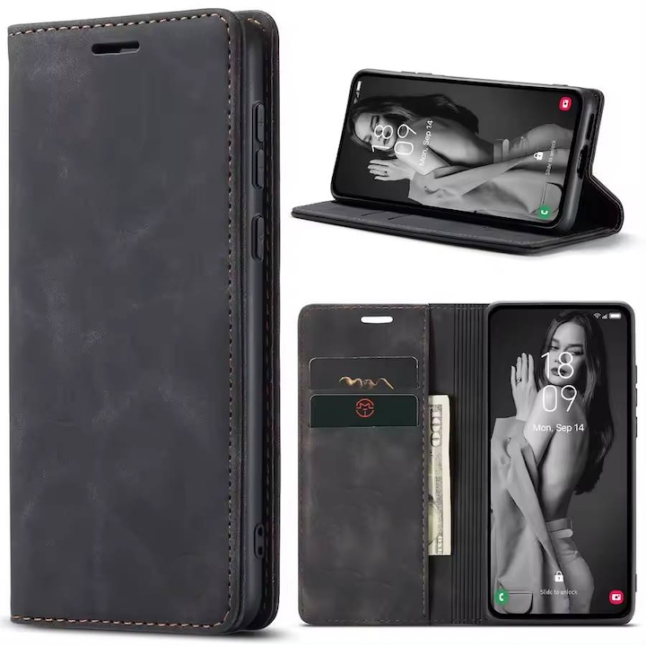 Husa tip carte pentru Oppo Reno 14F, 14FS 5G Retro Business cu inchidere magnetica, negru