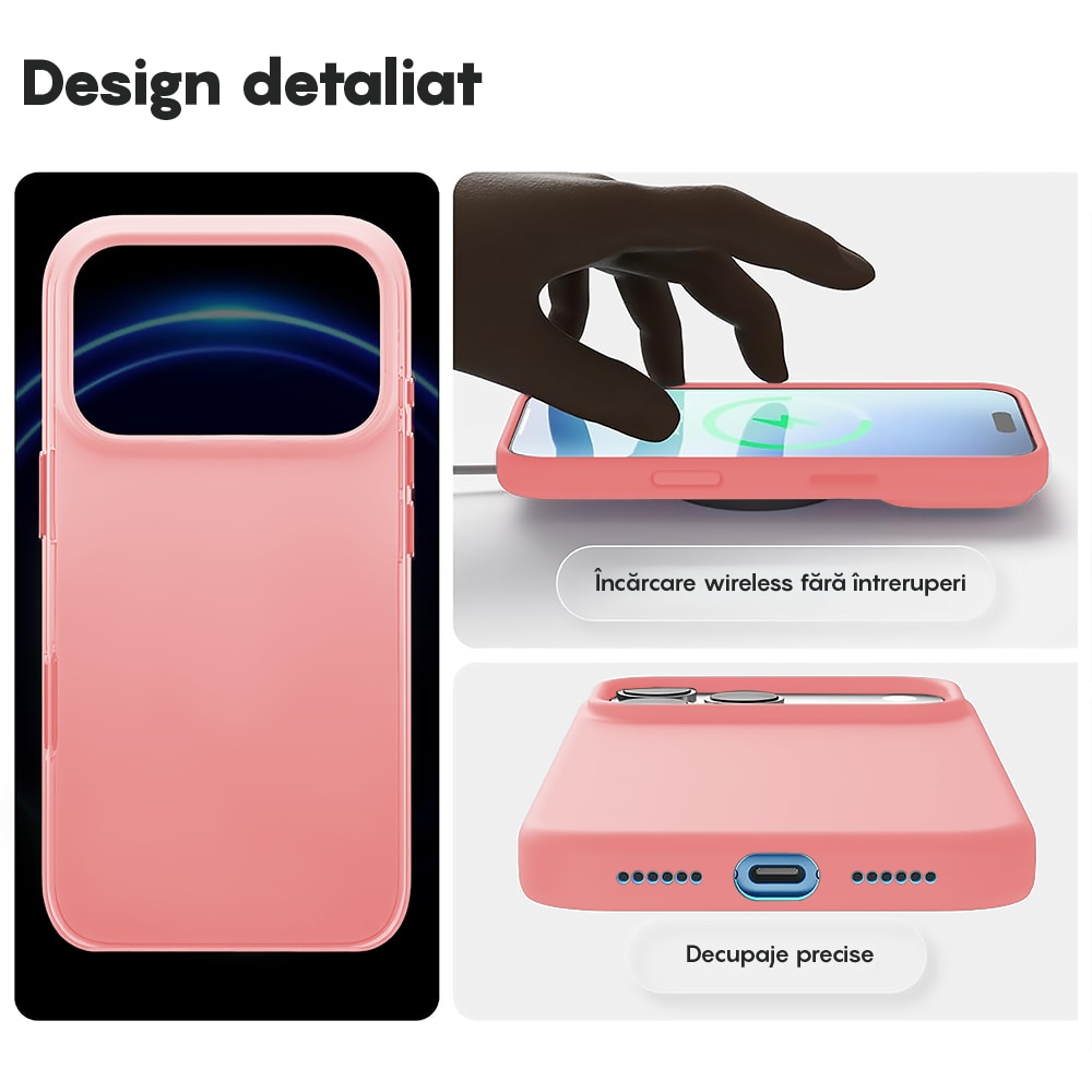Husa CASEY STUDIOS™ pentru Apple iPhone 17 Pro, Soft Silicone Premium, Microfibra in Interior, de Protectie, Ultra Slim, pentru Incarcare Wireless, Margini Ridicate pentru Protectia Ecranului si a Camerelor, Roz
