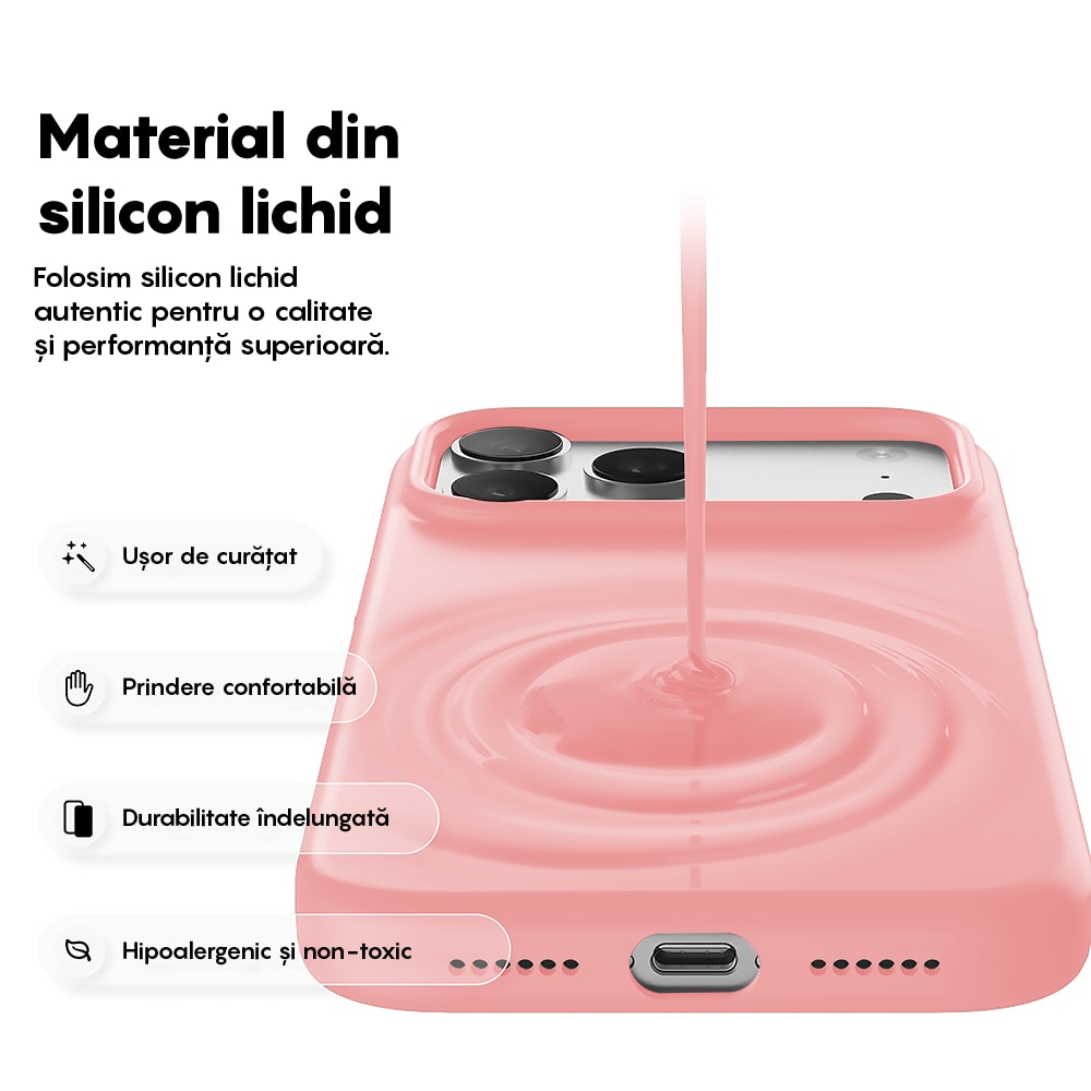Husa CASEY STUDIOS™ pentru Apple iPhone 17 Pro, Soft Silicone Premium, Microfibra in Interior, de Protectie, Ultra Slim, pentru Incarcare Wireless, Margini Ridicate pentru Protectia Ecranului si a Camerelor, Roz