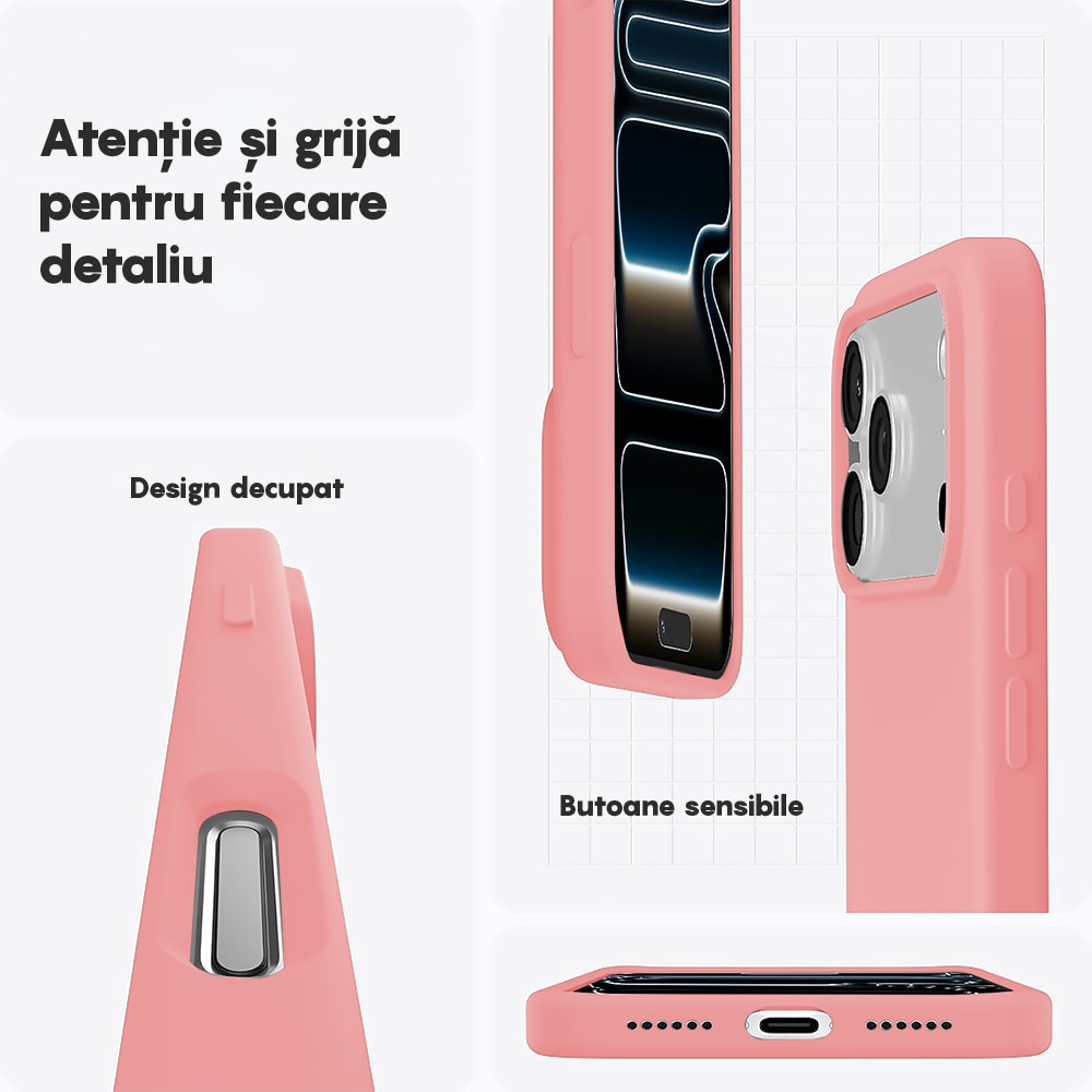 Husa CASEY STUDIOS™ pentru Apple iPhone 17 Pro, Soft Silicone Premium, Microfibra in Interior, de Protectie, Ultra Slim, pentru Incarcare Wireless, Margini Ridicate pentru Protectia Ecranului si a Camerelor, Roz